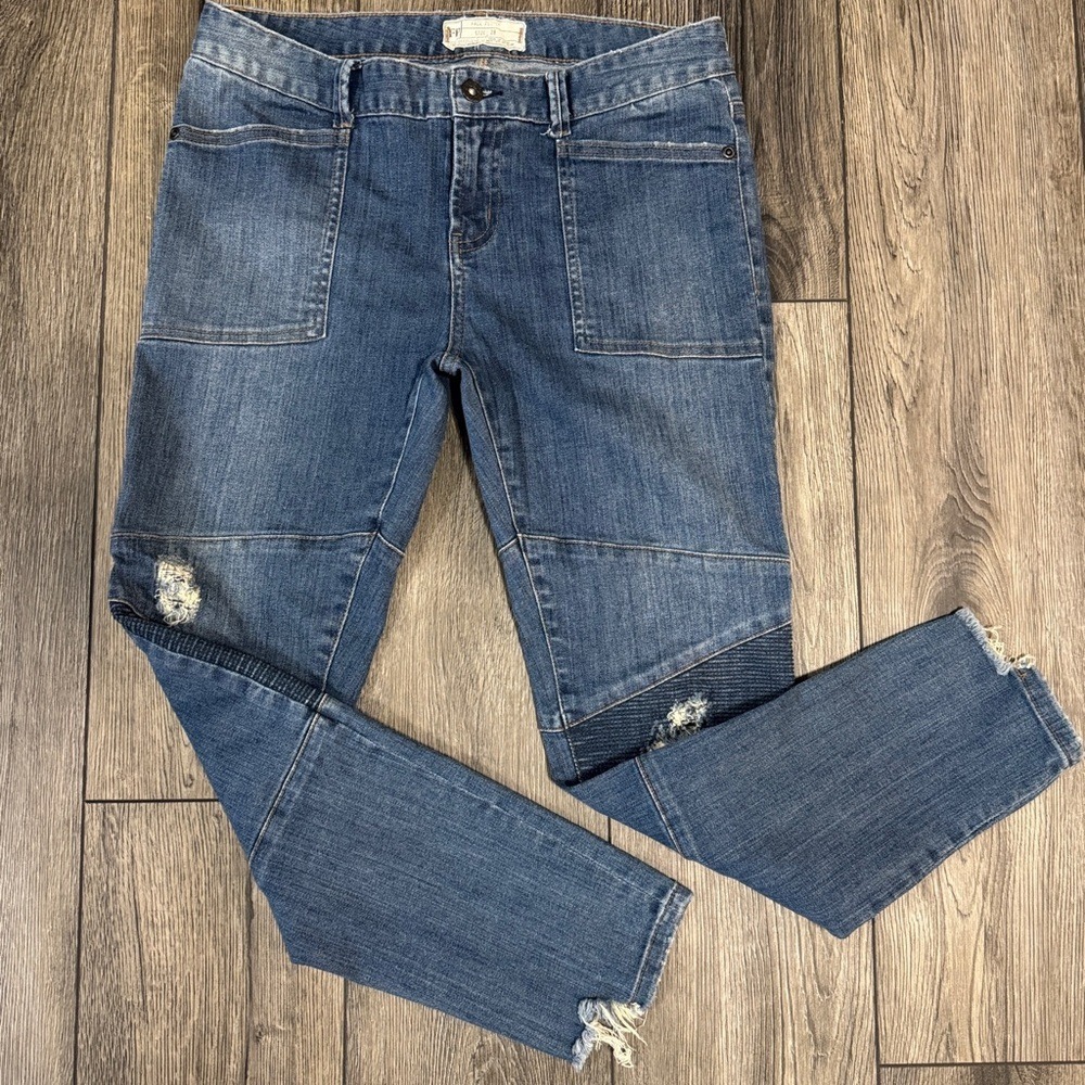 Free People Moto Skinny Distressed Jeans Blue 28 Edgy Biker Utility Denim - Picture 3 of 17